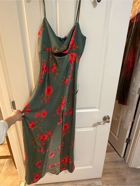 Lulu's Green Maxi Dress with Red Floral Print